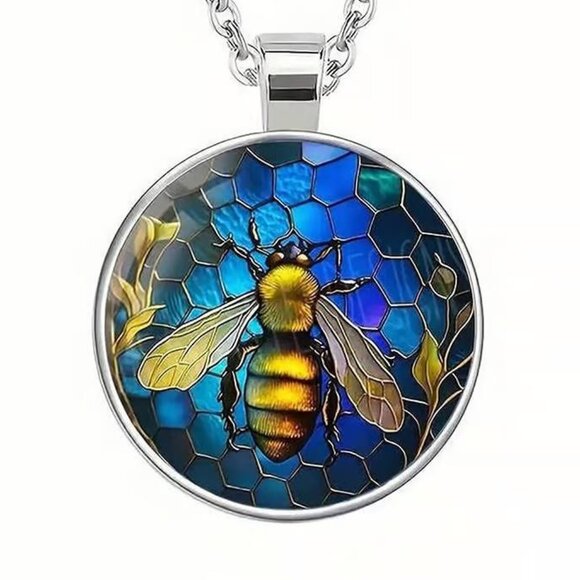 Silver BEE Glass Cabochon Pendant Necklace - Picture 1 of 3